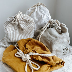 Linen Drawstring Mini Sack NATURAL STRIPE
